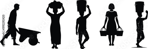 A group of people in silhouette carrying various items such as luggage, baskets, and a wheelbarrow on a plain white background, representing labor, transportation, and daily life.