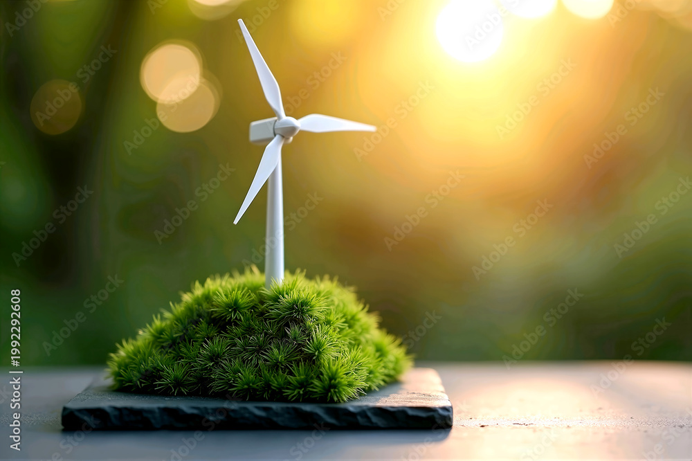 Obraz premium Miniature white wind turbine standing on a small green mossy hill over a slate stone base with golden sunset bokeh 