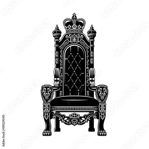 Ornate throne chair, luxury crowned seat, black regal furniture, king's throne isolated on White Background vector eps silhouette