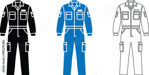 Three work overalls black blue and white designs for industrial workers
