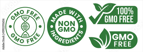 A series of vibrant green circular seals and leaf graphics advertise products as being gmo free and non gmo high quality professional detailed