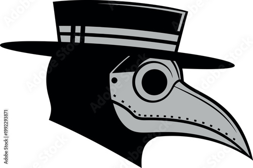 A black and gray illustration of a plague doctor wearing a hat