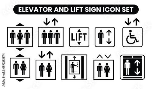 A collection of black elevator and lift sign icons depicting people accessibility and directional arrows high quality professional detailed modern elegant stylish clean