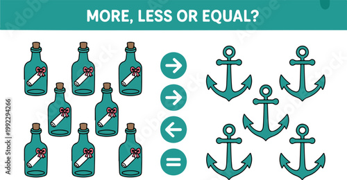 More Less or Equal Math Worksheet with Nautical Objects Counting Comparison Activity for Kids