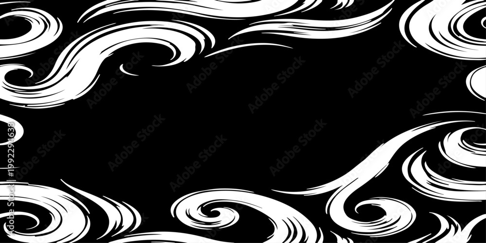 Fototapeta premium Seamless black brush stroke vector pattern with elegant swirls and flowing waves, hand-painted ink texture, monochrome high-contrast minimalist design
