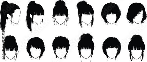 Schilderij op canvas Female hairstyle silhouette collection short long ponytail bun fringe bob haircu