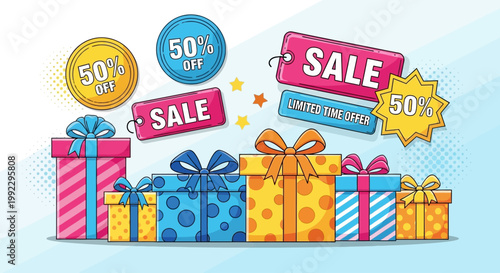 Colorful wrapped presents with ribbons.