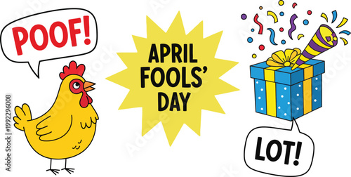 A playful digital illustration featuring a chicken and a gift box to celebrate April Fools' Day, perfect for marketing materials, greeting cards, or social media posts.