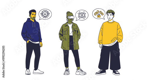 Vector illustration of young adults chatting, casual conversation, colorful characters, social interaction