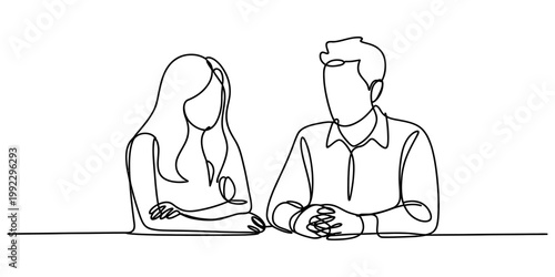 Minimalist continuous line art illustration of a man and a woman sitting together at a table while having a deep conversation. Vector, illustration