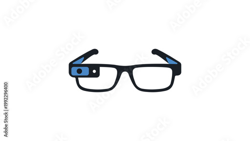 Smart glasses vector icon illustration featuring a modern slim black frame with a blue camera module and integrated display, isolated on white background for wearable technology and AR design.