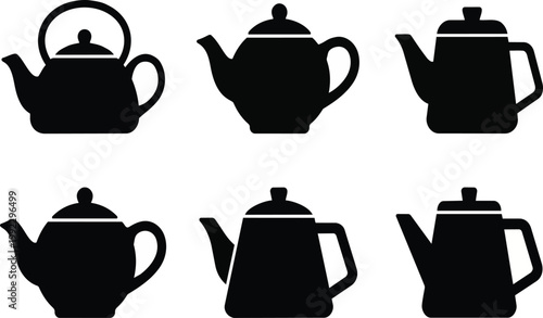 A set of black teapot silhouettes on transparent background