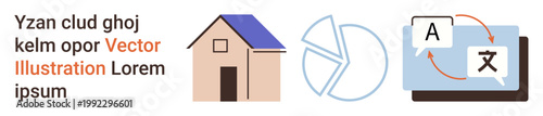 Business tools, home systems, global translation, data analysis, information technology, communication. A house, pie chart and language translation screen. Business tools and communication concept
