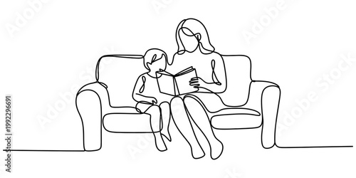 A beautiful continuous line drawing of a mother sitting on a comfortable couch while reading a storybook to her young child. Vector, illustration