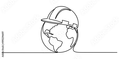 Continuous line drawing of a globe wearing a construction hard hat representing global infrastructure and engineering works Vector, illustration