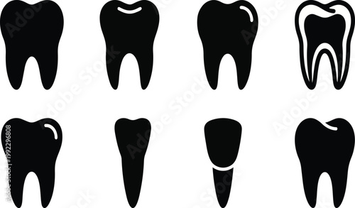 A set of black silhouette tooth icons on transparent background
