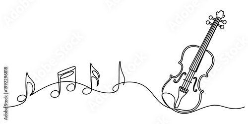 A single continuous line drawing of a violin accompanied by musical notes flowing across a plain white background for design. Vector, illustration