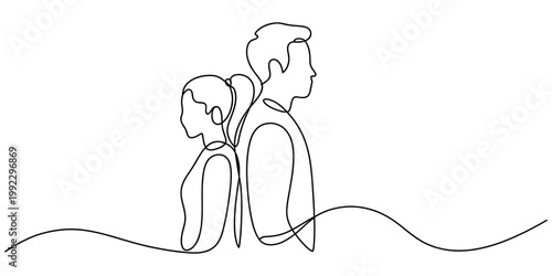 A minimalist single line drawing of a young woman and a man standing back to back representing a complex relationship bond. Vector, illustration