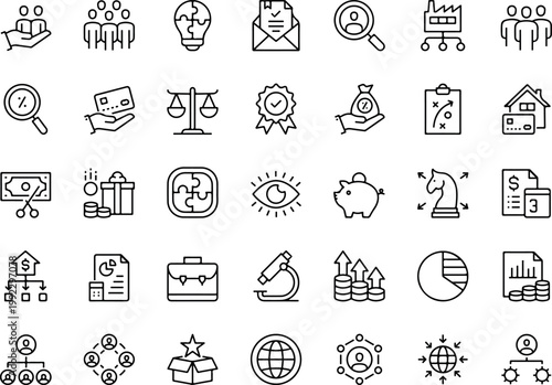 Collection of business and finance line icons representing concepts like teamwork strategy and growth perfect for web and app design