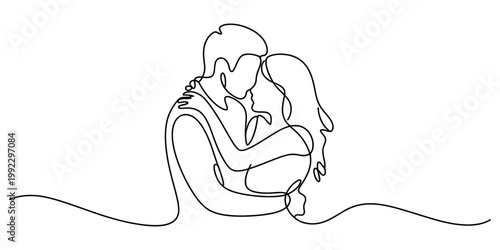 A simple continuous line drawing of a loving couple embracing each other tightly in a romantic gesture on a clean white background. Vector, illustration