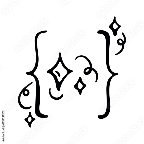 Smart coding icon for AI software development and automated programming. Hand drawn doodle illustration of curly brackets with magic sparkling stars.