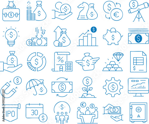 Collection of finance and business icons representing investment savings and growth perfect for web design and financial presentations