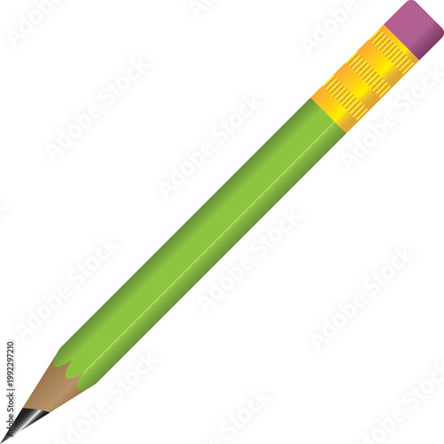 Green pencil with eraser and sharpened tip isolated on white background simple illustration for education and writing concepts