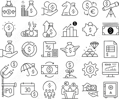 Collection of finance and business icons representing investment savings and growth ideal for web and app design presented in a clean line art style on a white background