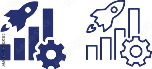 Rocket launch icon with bar graph and gear symbolizing startup growth and business development vector illustration for concepts