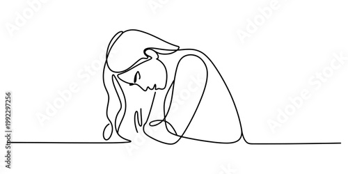 A continuous single line drawing of a pensive woman looking down with her arms crossed in a simple black and white design style. Vector, illustration