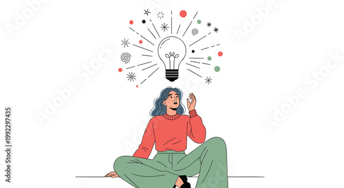 Creative woman, sitting, inspiration, lightbulb, idea generation, business concept, vector illustration