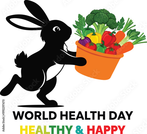 World Health Day illustration with happy rabbit holding vegetable basket promoting healthy living World Health Day. Ideal for health and wellness campaigns, advertisements, and educational materials