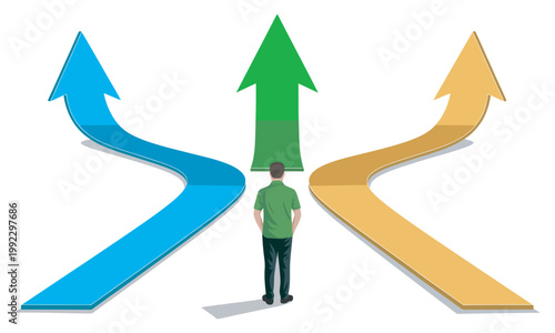 Man standing at crossroads, three directional arrow paths, choosing future career direction, decision making concept, leadership choice strategy, modern minimal vector illustration