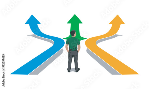 Man standing at crossroads, three directional arrow paths, choosing future career direction, decision making concept, leadership choice strategy, modern minimal vector illustration