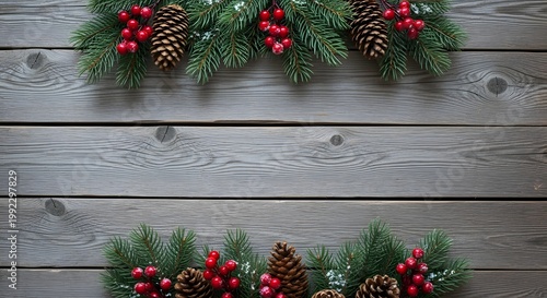 Christmas border with fir branches and cones