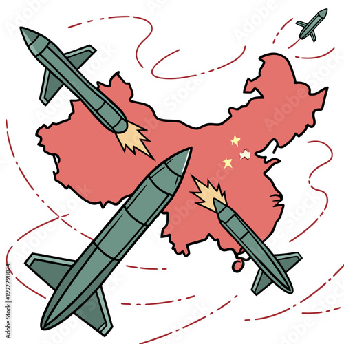 A vector graphic illustration of missiles flying over a map of China with a red background and yellow stars