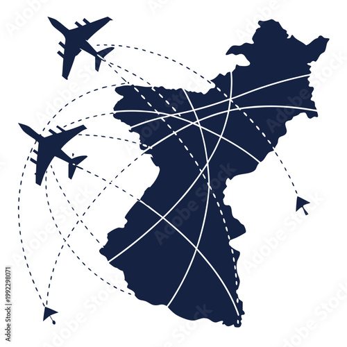 A vector graphic illustration of a map with airplanes and flight routes