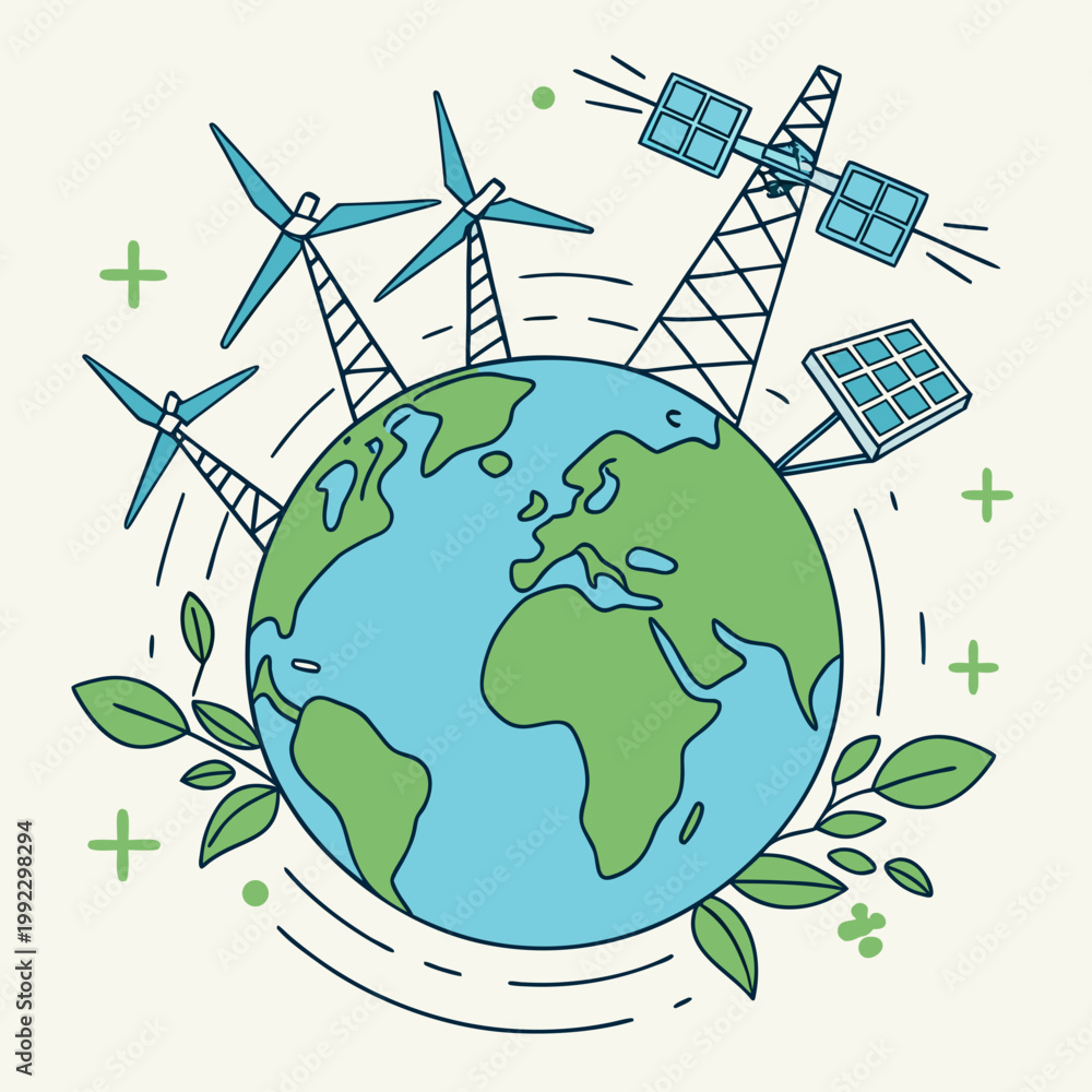 Naklejka premium A vector graphic illustration of the Earth surrounded by renewable energy sources and green leaves, symbolizing a sustainable future