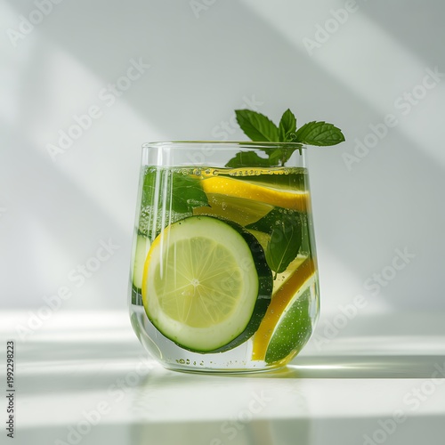 Refreshing glass of detox water with sliced cucumber lemon and fresh mint leaves cucumber refreshing beverage hydration wellness vegetable infusion lifestyle nutrition moisture background