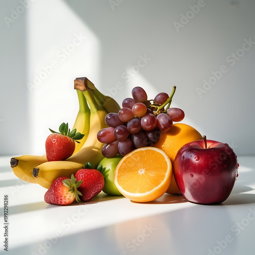 Fresh fruit selection with banana grapes red apple orange and strawberries in bright light strawberry assortment sunlight nutrition colorful collection wellness antioxidant lifestyle