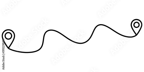 A simple black line drawing showing two location pin icons connected by a wavy path on a plain white background for navigation. Vector, illustration