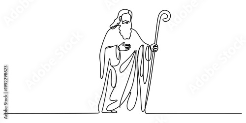 A continuous line drawing depicting a bearded shepherd figure holding a wooden staff in a simple minimalist artistic style. Vector, illustration