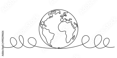 A single continuous line drawing of the planet earth centered with decorative swirls on the left and right side of the globe. Vector, illustration