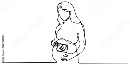 A beautiful continuous line art drawing of a pregnant woman holding her ultrasound scan with care and love in a minimal style art. Vector, illustration