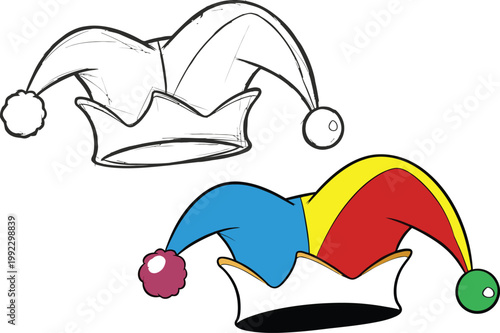 colorful jester hats with pom poms, one drawn illustration of two jester hats, one colored and one outlined, on white background, for carnival or party themes