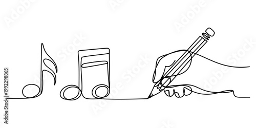 A single continuous line drawing of a human hand holding a pencil and sketching musical notes on a plain white background. Vector, illustration