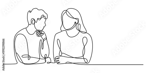 Tableau sur toile A continuous line art illustration showing a man and a woman sitting together an