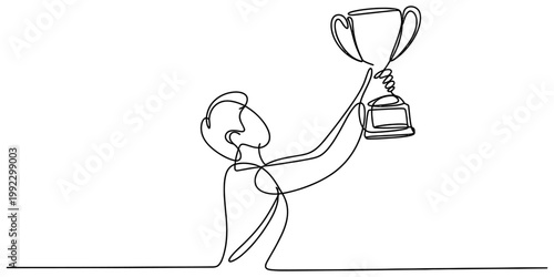 A single continuous line drawing of a person celebrating a major victory by raising a golden trophy high above their head now. Vector, illustration