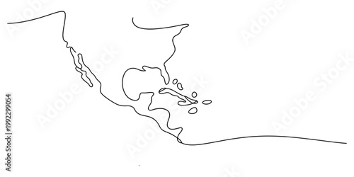Minimalist continuous line art drawing of north america including the gulf of mexico and caribbean islands on a white background Vector, illustration
