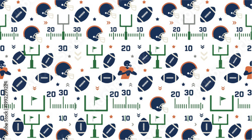 Seamless American football pattern featuring helmets, footballs, goalposts and yard markers in navy blue and orange